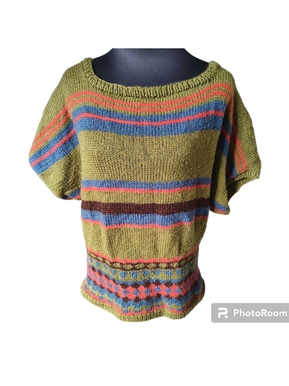 HANDKNIT Wool Short Sleeve Cowl Neck Sweater Size Large